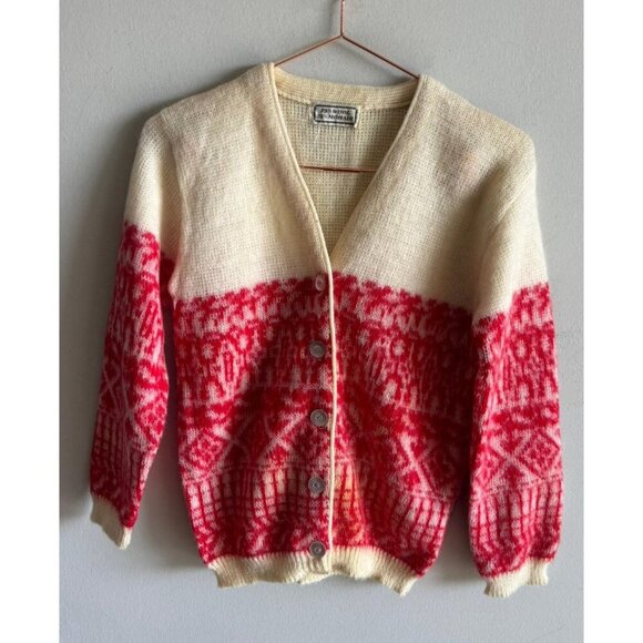 Vintage Wool Mohair Womens Cardigan Sweater Red White Knit Button Up Size M - Picture 1 of 9